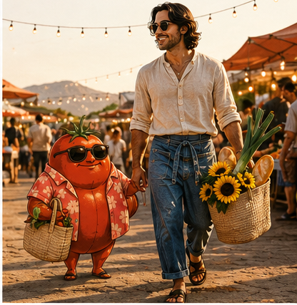 Roma the tomato and Sage walking through a Southwest farmers market at golden hour